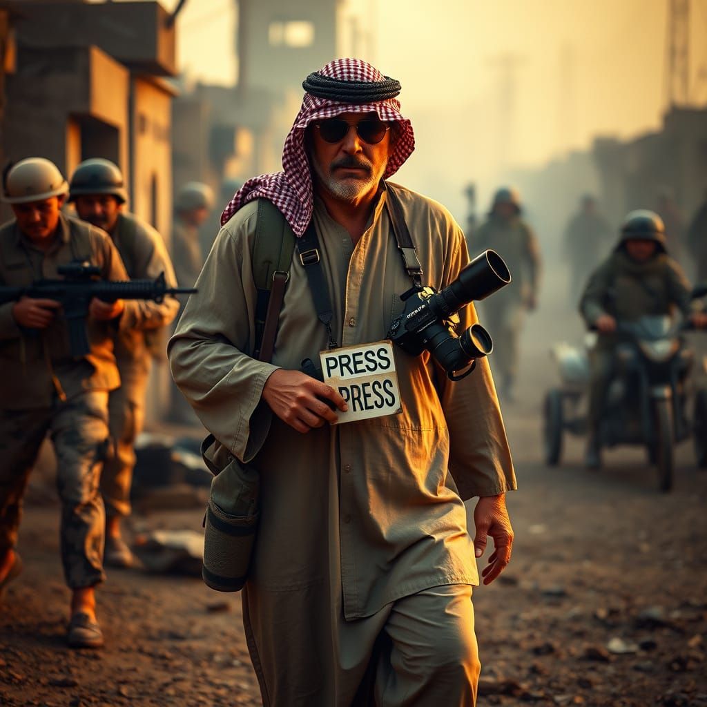 Gritty War Correspondent in War-Torn Landscape