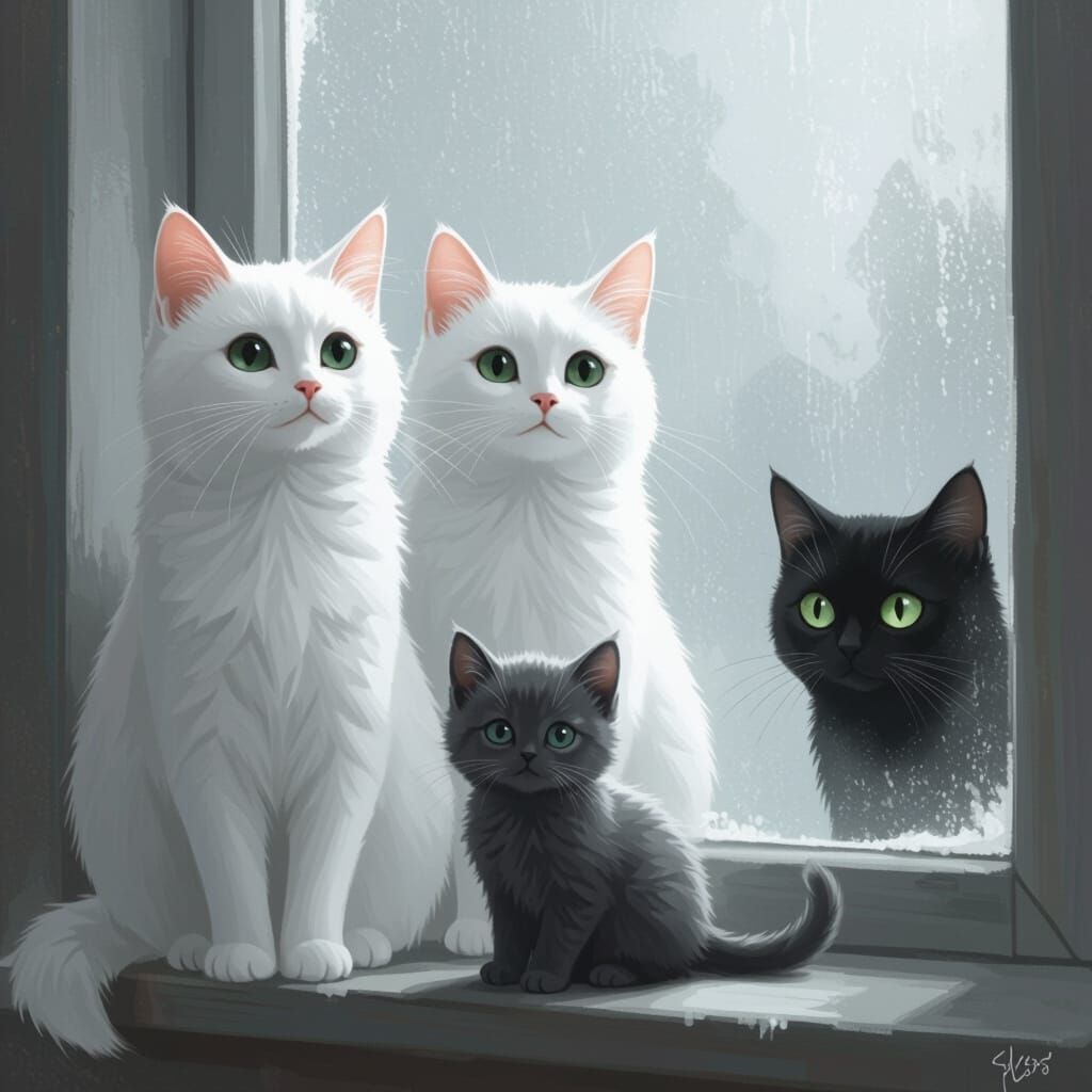 Cats Gaze Through Misty Window: Ethereal Art
