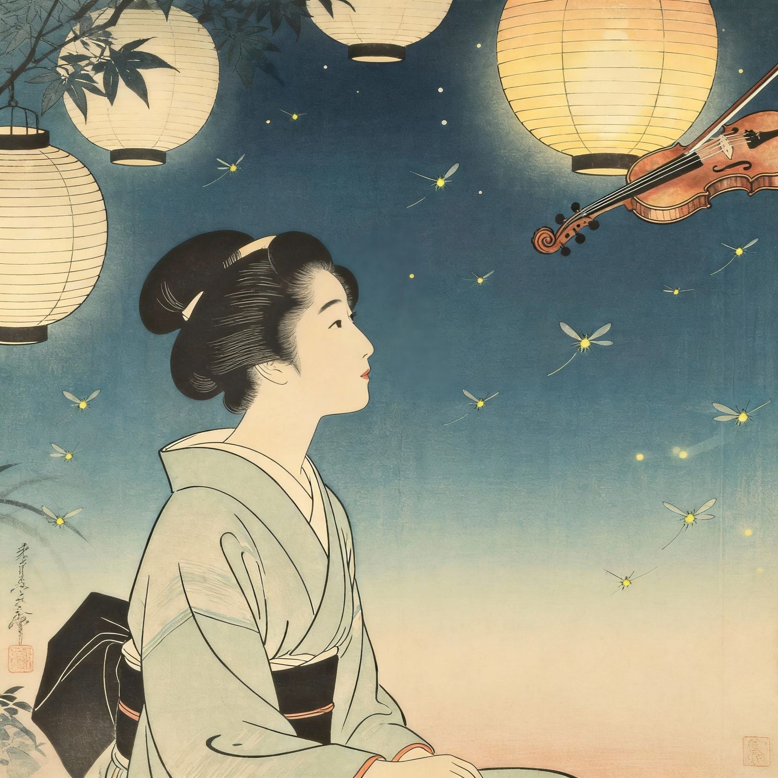 Yamato-e Painting of Violin Music on a Summer Night