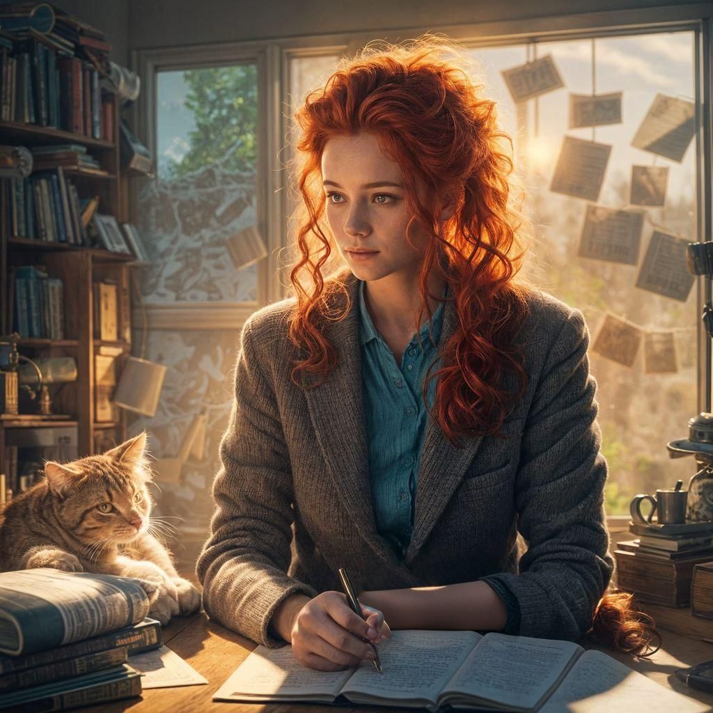 Stressed Redhead Lawyer Working at Home with Cats