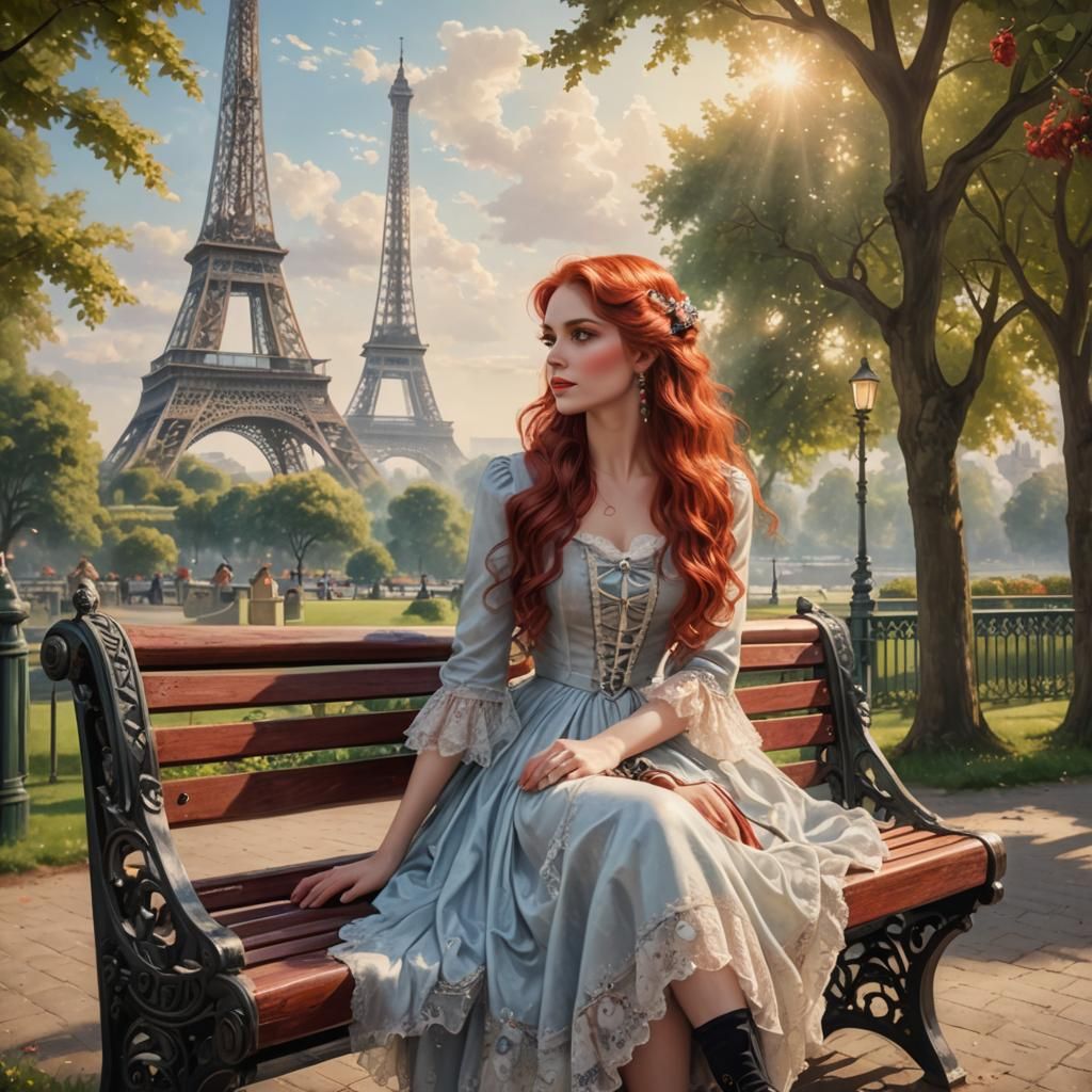 Victorian-Era Girl sits on Paris Park Bench near the Eiffel....