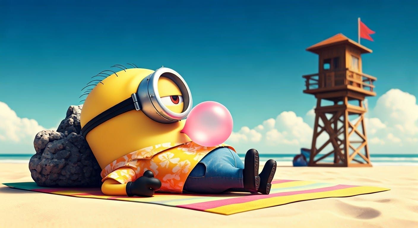 Vibrant Beachside Minion Sunbathing in Cartoon Style