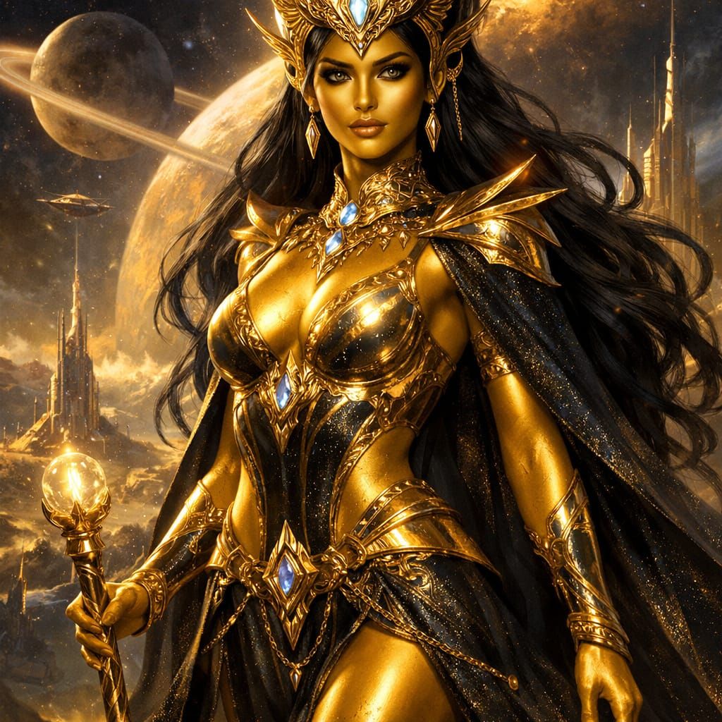 Science Fantasy Queen with Gold Skin and Black Hair