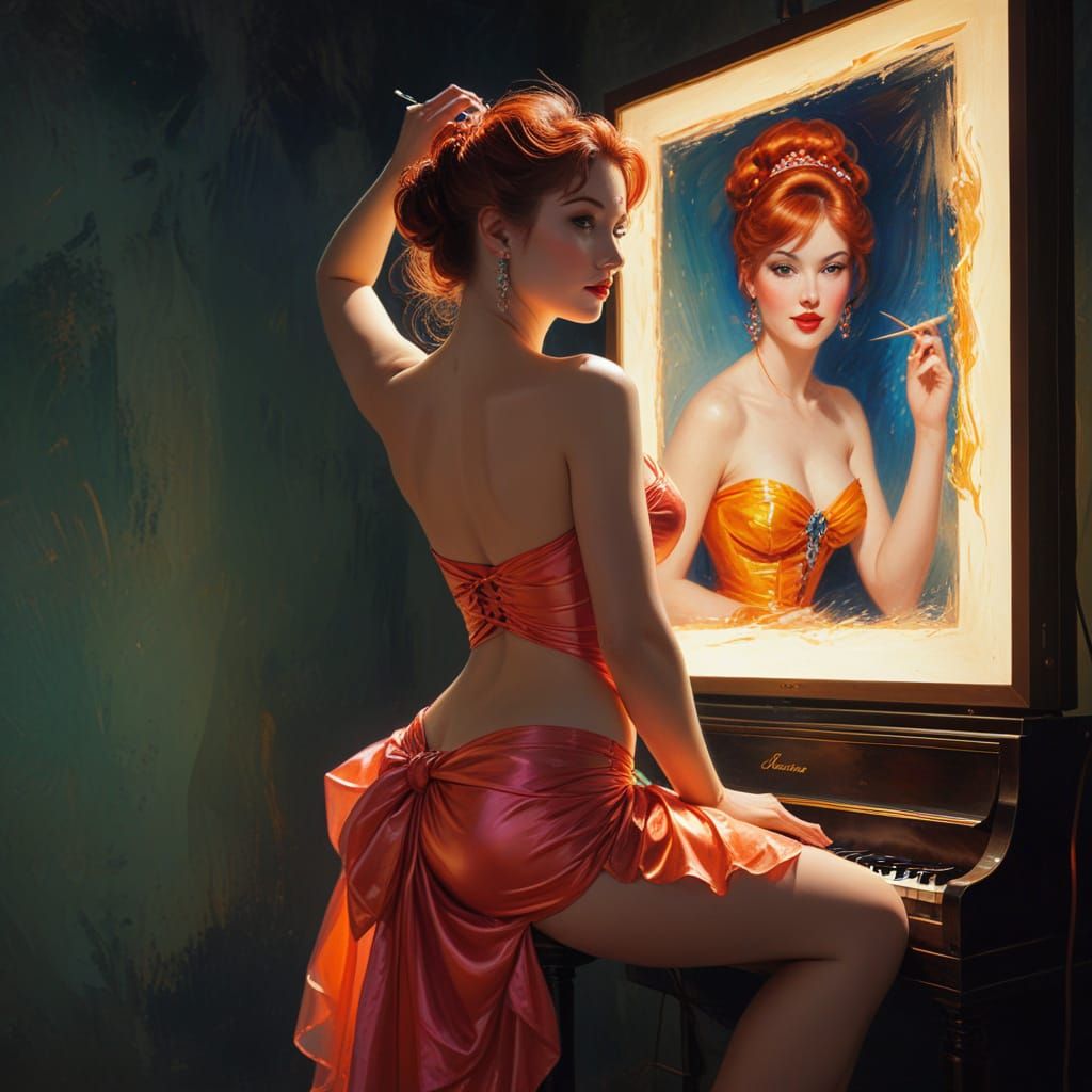 Woman in Hyperreal Impasto Style with Neon Lighting