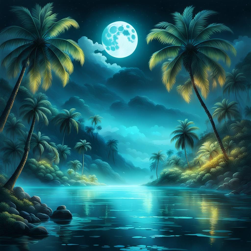 Glowing Palm Tree Towering Over Bioluminescent Waterscapes