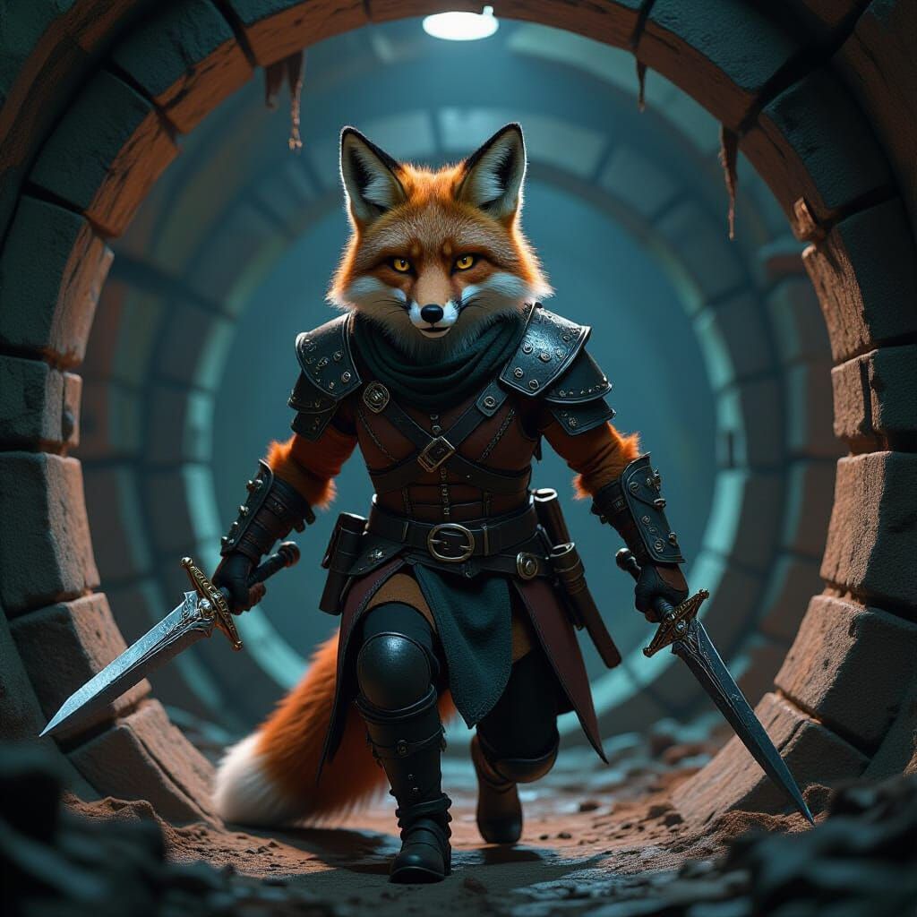 Fox Rogue Navigating Treacherous Dungeon in Film Style