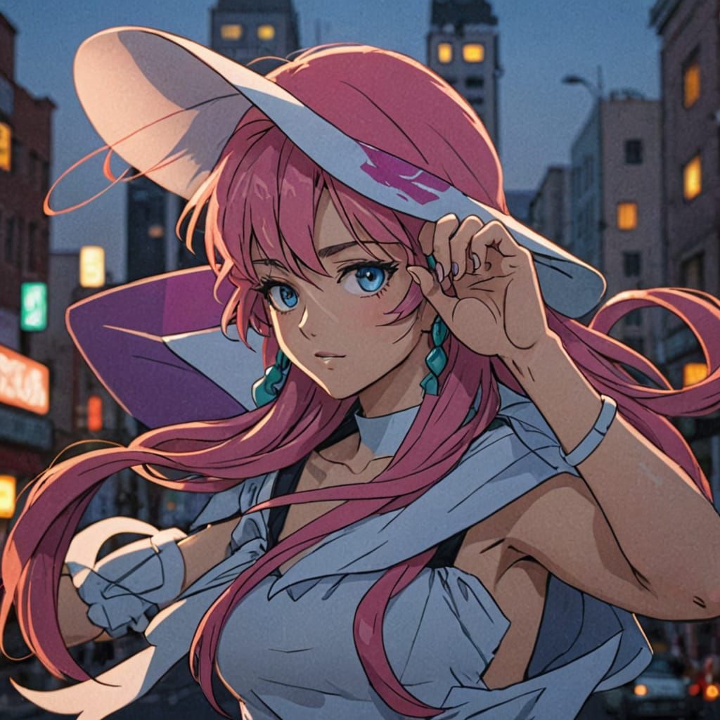 Vibrant Anime Girl in Cityscape, Studio Trigger Style