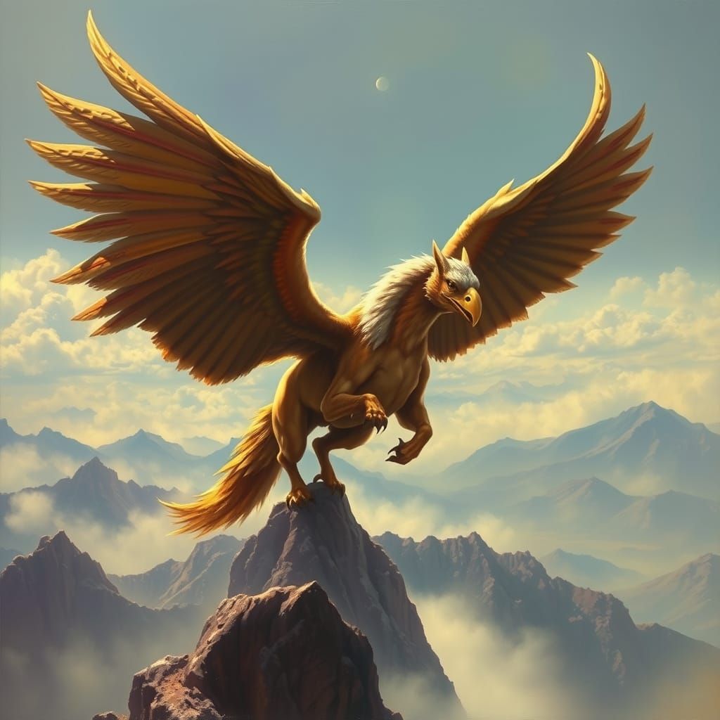 Golden Hippogriff Overlooking Misty Valley