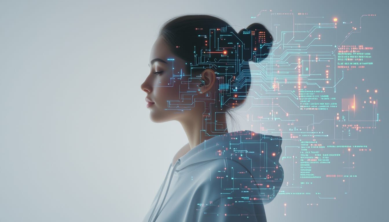 Translucent Woman: AI and Human Harmony in Cyberpunk Style