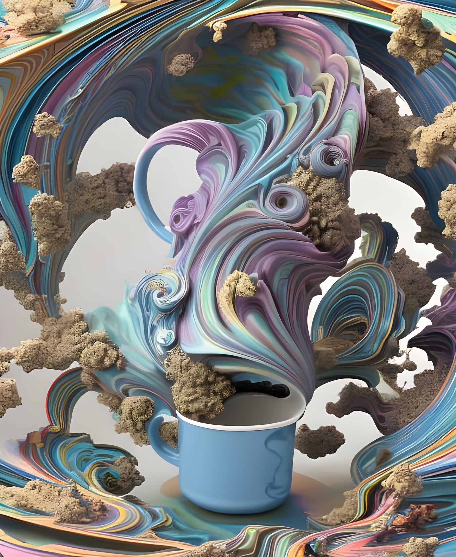 Exploding Swirly Coffee Mug, Hyperrealistic Photoillustratio...