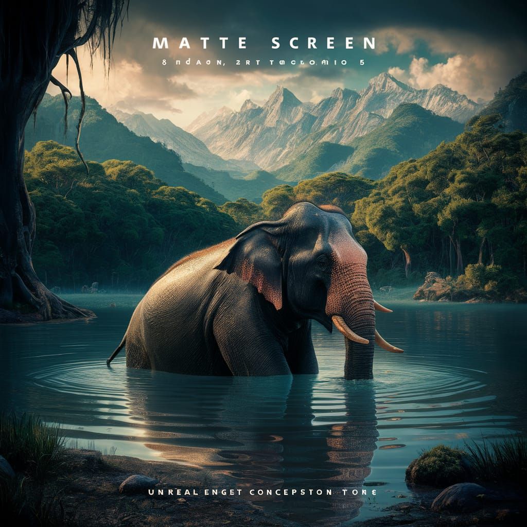 Realistic Elephant in Serene Lake Landscape, Stunning Matte....