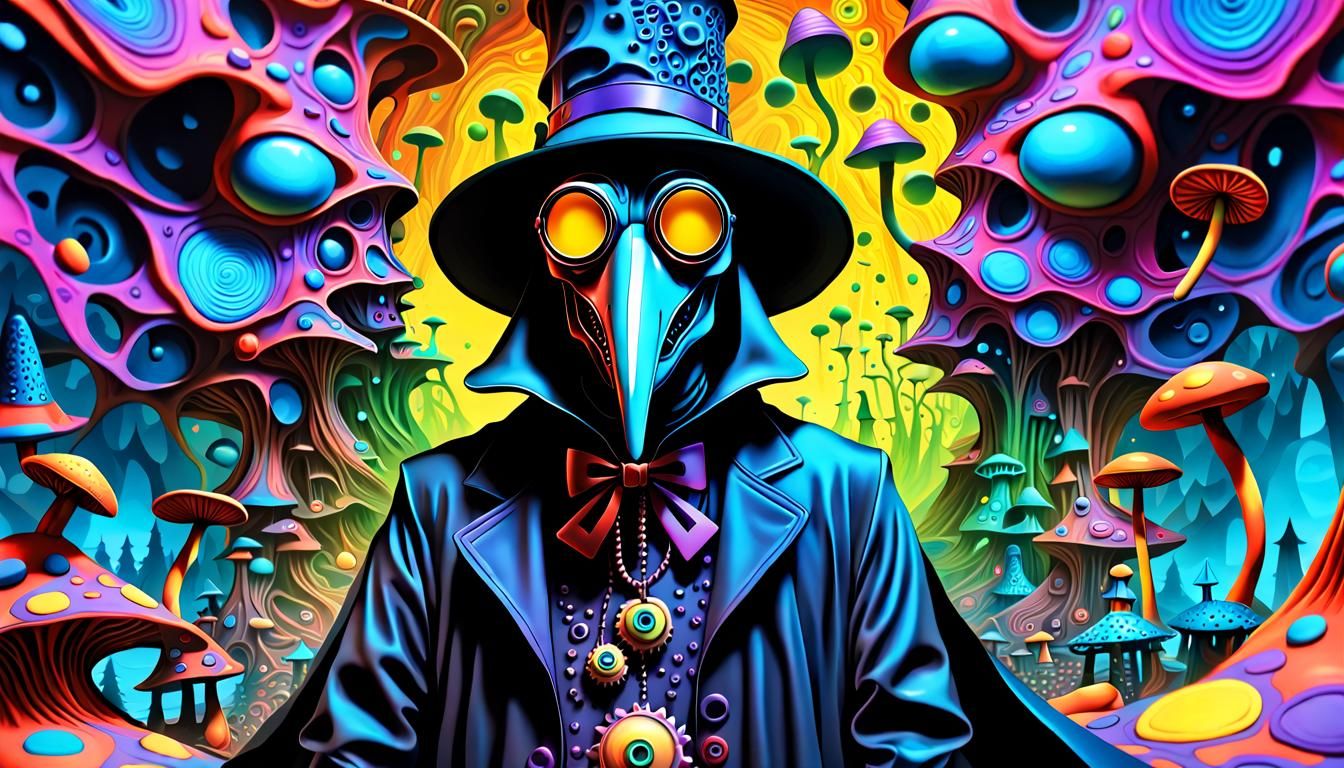 Psychedelic Plague Doctor in Mushroomville, a 4K Masterpiece