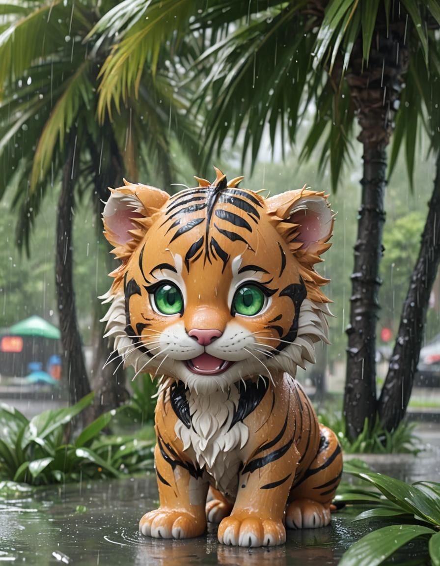 Cute Chibi Tiger Smiling Under Rainy Palm Tree in 3D Anime S...
