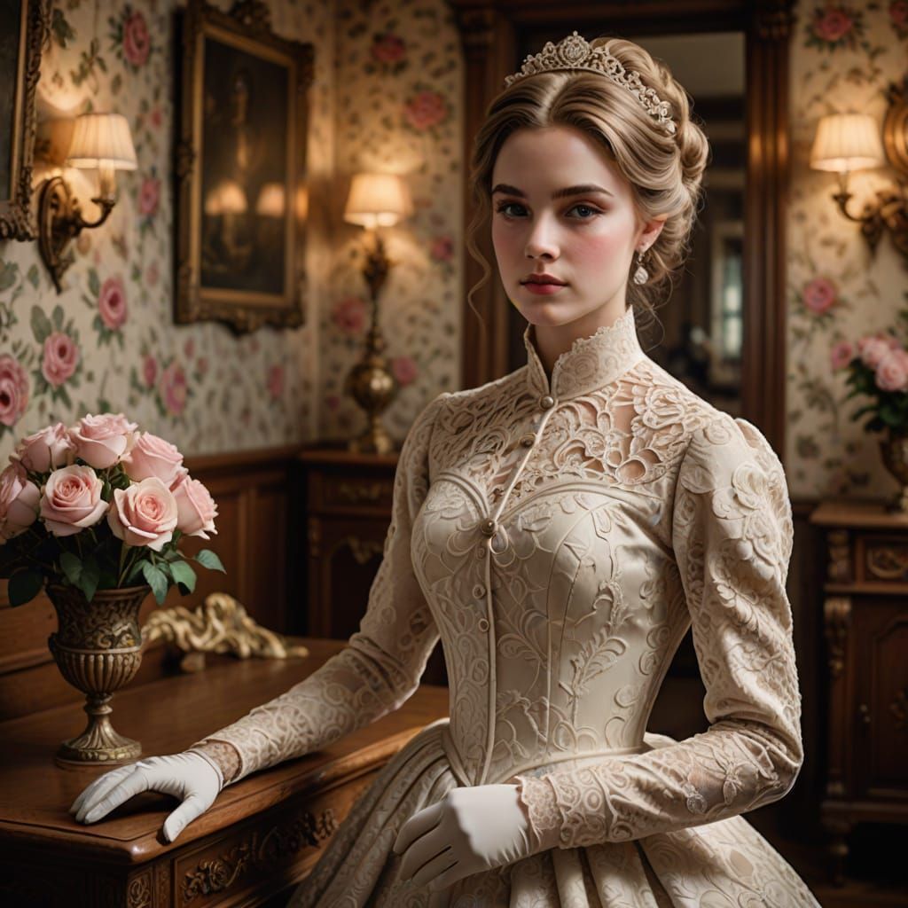 Timeless Elegance in Pale Ivory: A Vintage Portrait