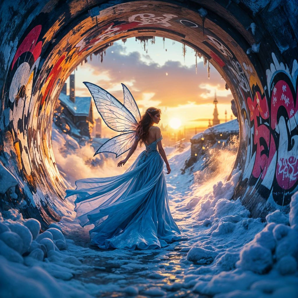 Fairy Emerges from Graffiti Tunnel at Sunrise