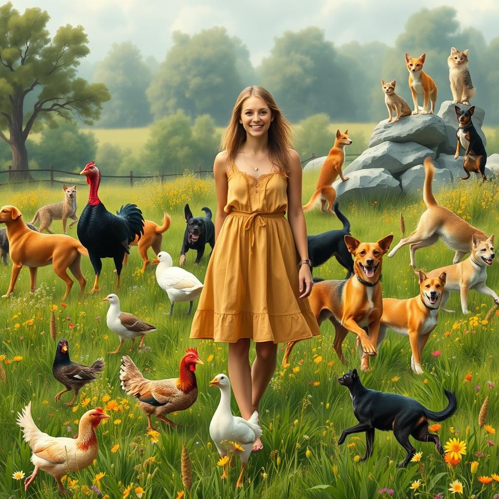 Woman Surrounded by Farm and Domestic Animals in a Lush Mead...