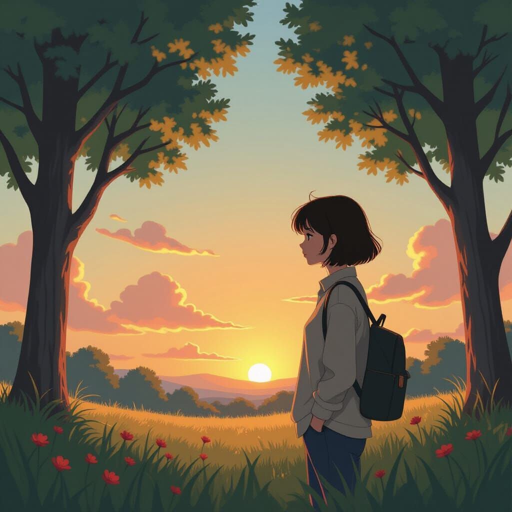 Contemplative Figure in Serene Sunset Landscape