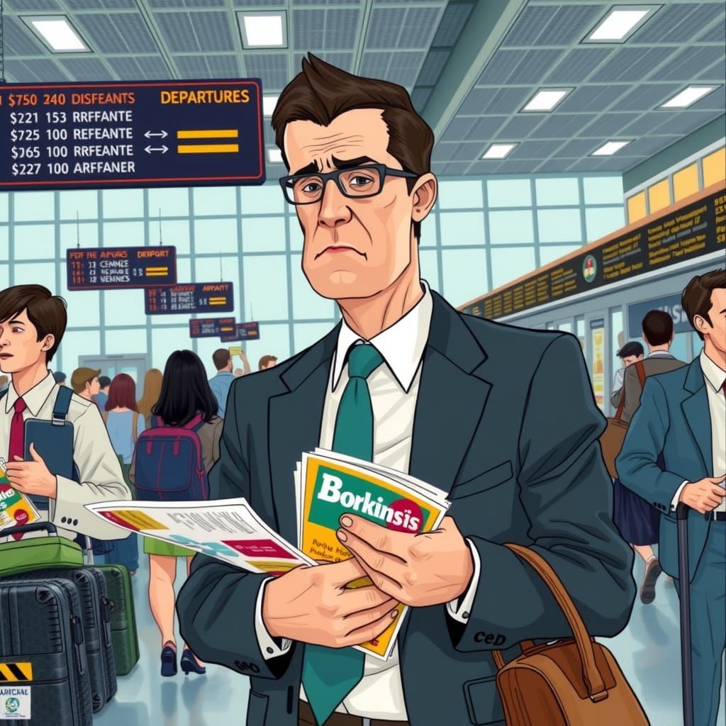 Businessman Hands Out Pamphlets in Busy Airport Terminal