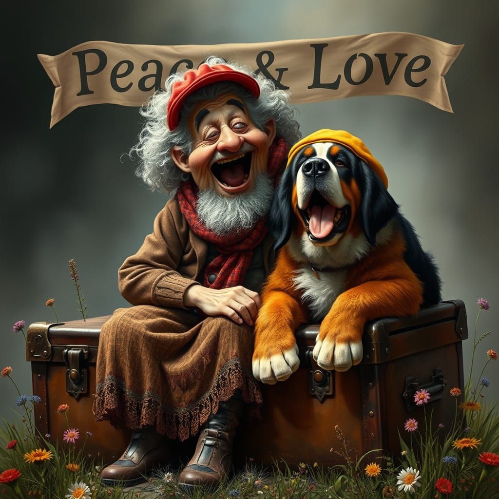 Whimsical Fantasy Scene with Grunge St Bernard