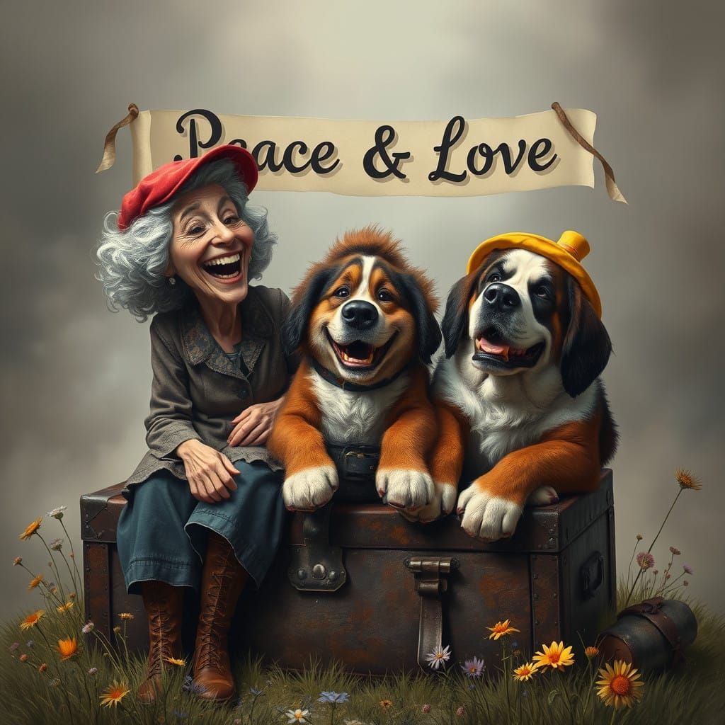 Whimsical Fantasy Realism with Peaceful Lady and St Bernard