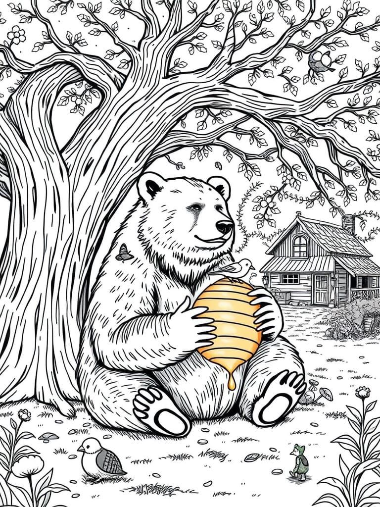 Serene Bear in Majestic Oak Tree Landscape