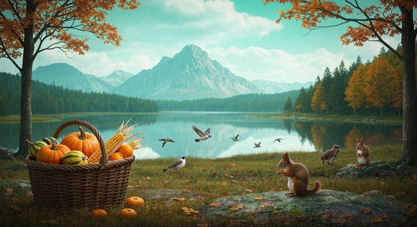 Surreal Autumn Landscape with Migrating Birds and Mountain L...