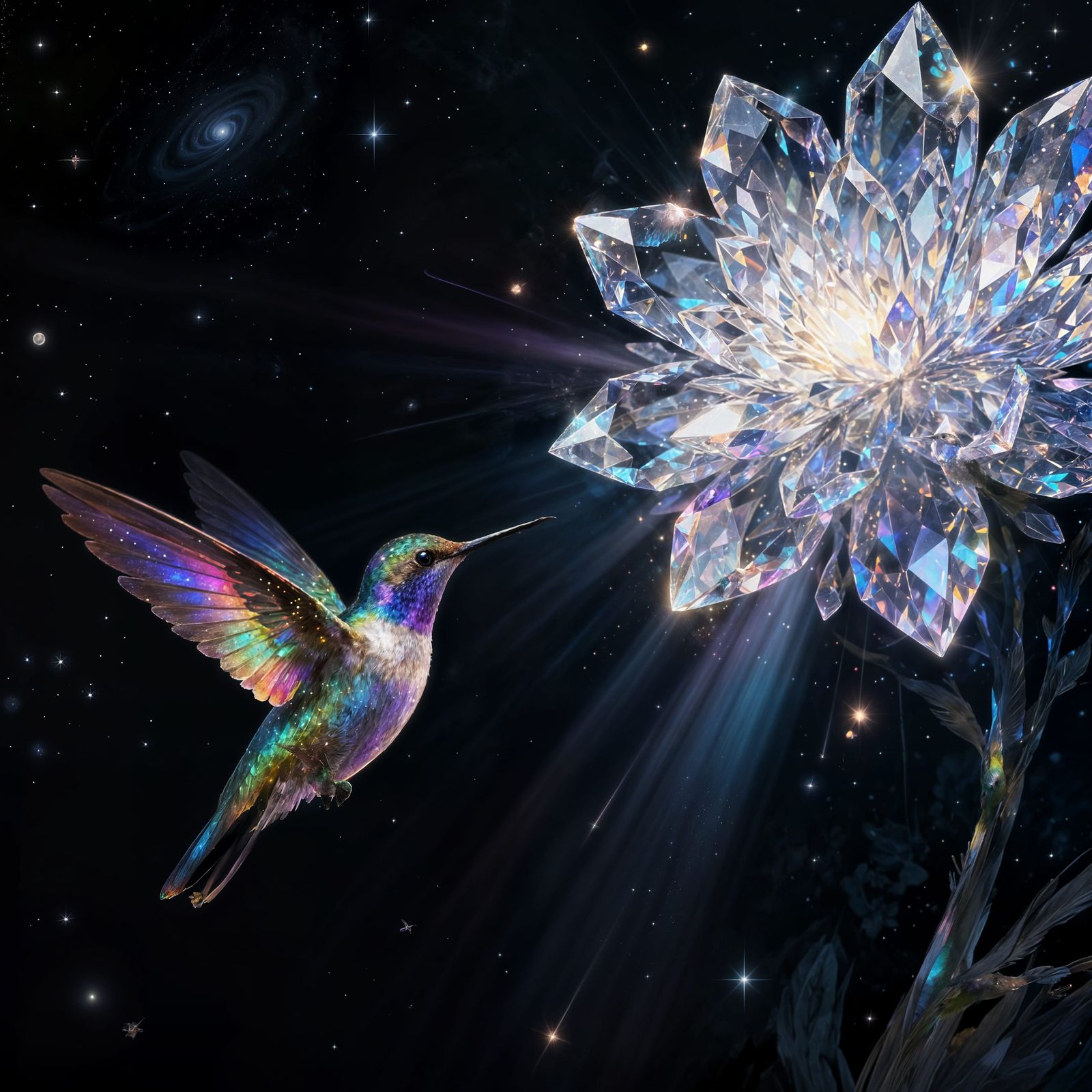 A solitary hummingbird, its wings shimmering with iridescent, cosmic energy, hovers before a colossal, crystalline flowe...