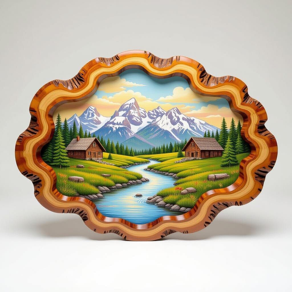 Detailed Wood Carving of a Creek Scene