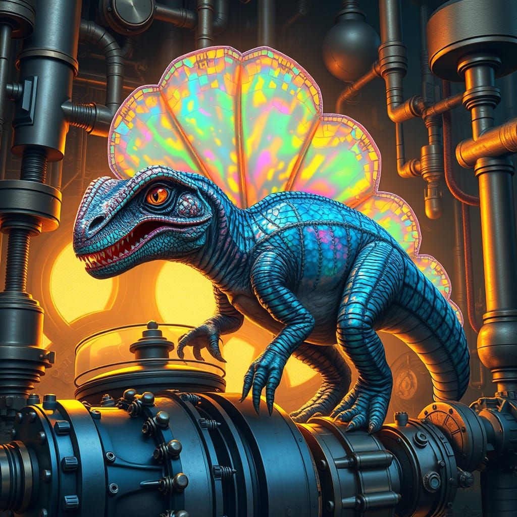 Surreal Dilophosaurus in Golden Steampunk Engine
