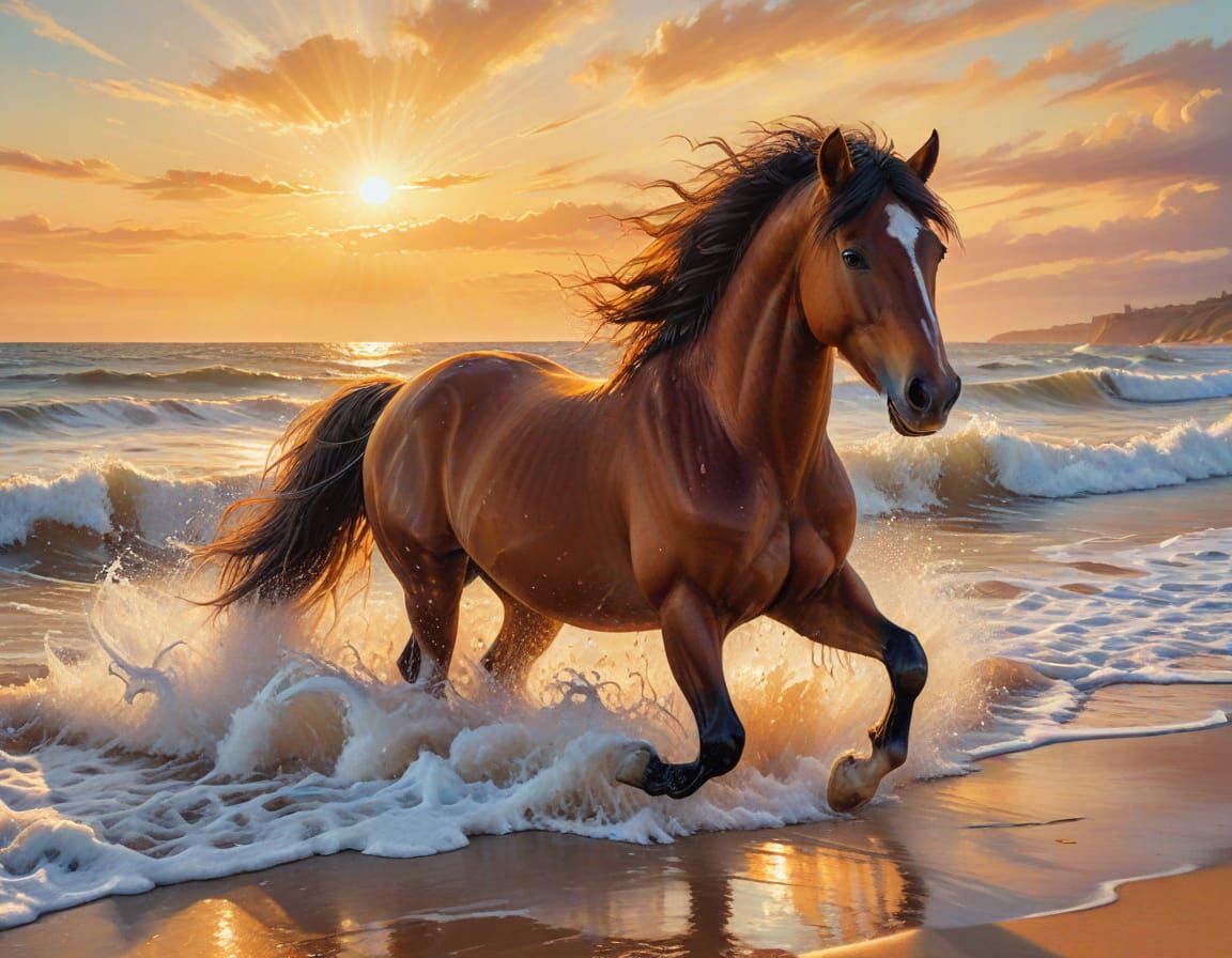 Seawater Horse Gallops on Beach at Golden Hour