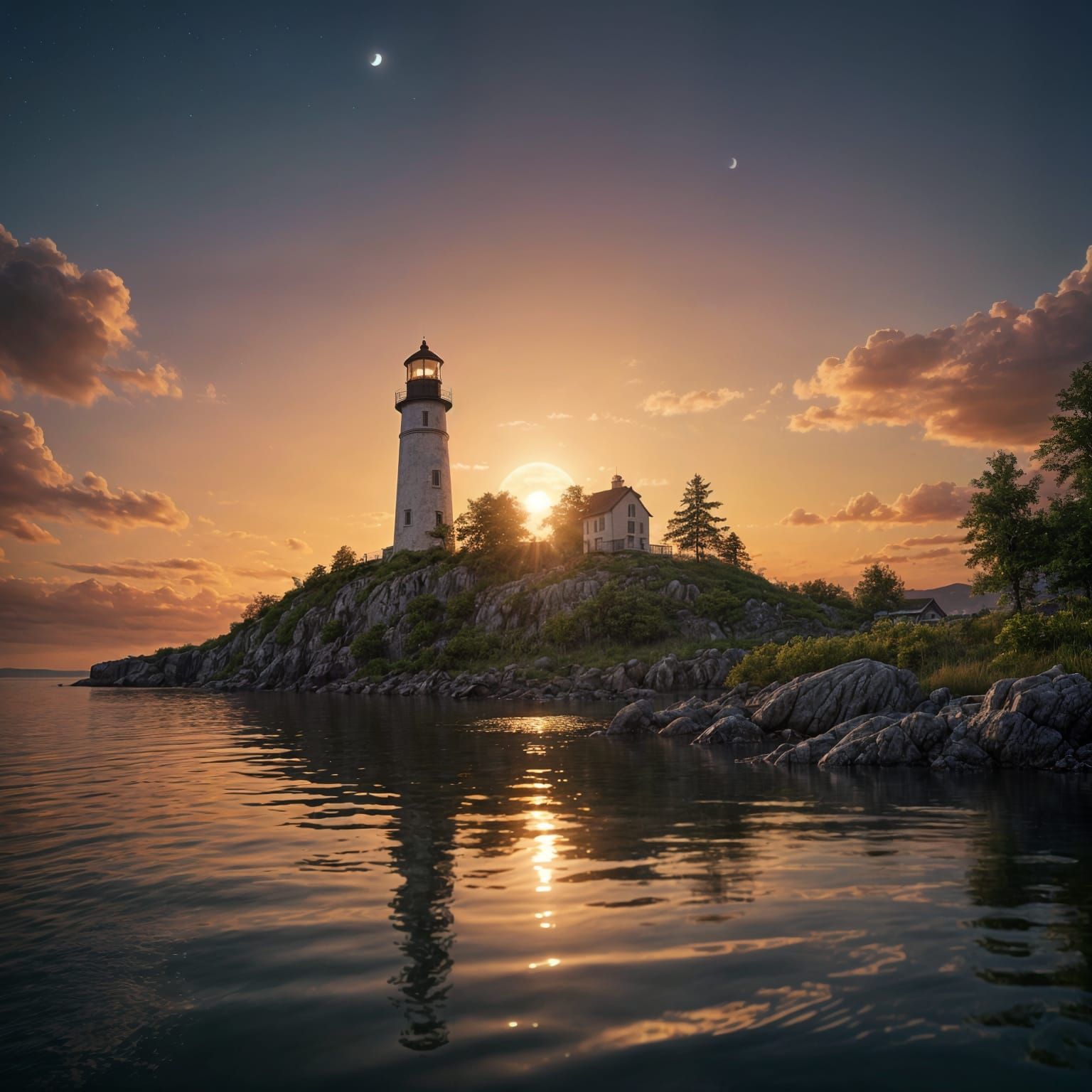 Island Lighthouse on Evening Lake: Hyperrealistic Splash Art