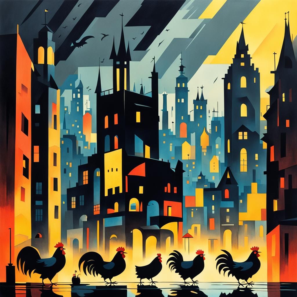 Rainy Noir Metropolis with Geometric Shapes and Chickens