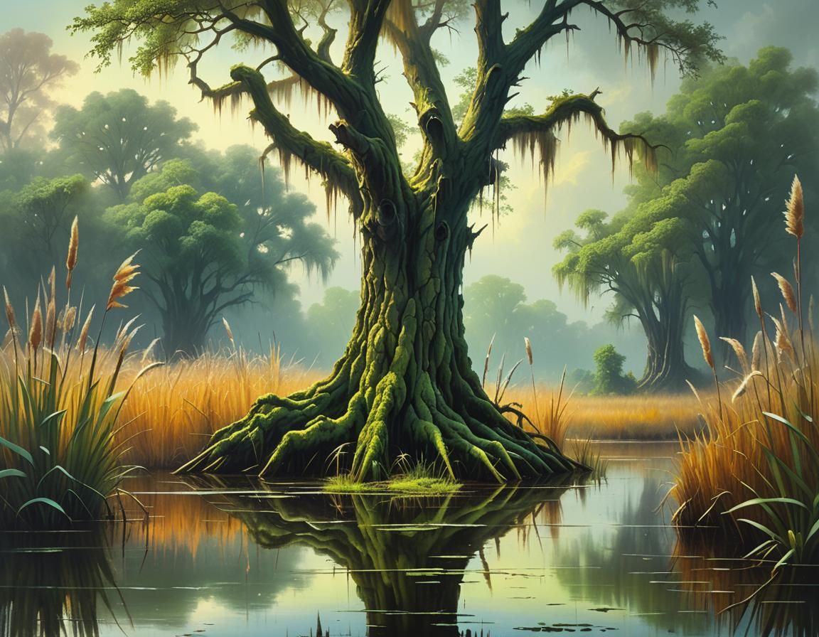 Surreal Swamp Landscape with Ancient Tree and Lush Cattails,...