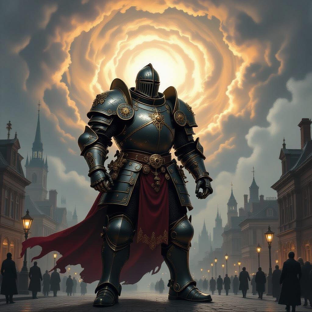 Steampunk Knight Guards Victorian City in Renaissance Oil St...