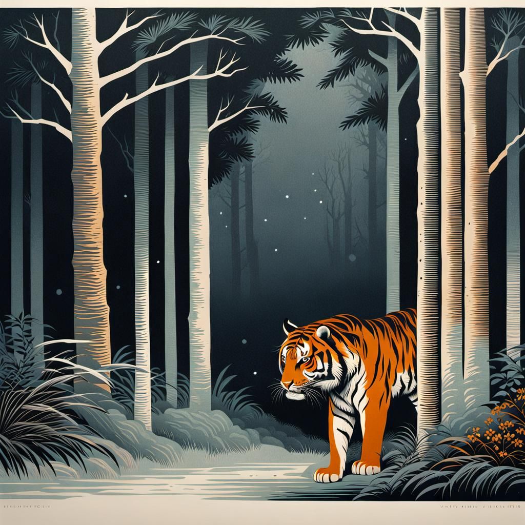 Striking Tiger Emerges from Misty Linocut Scene