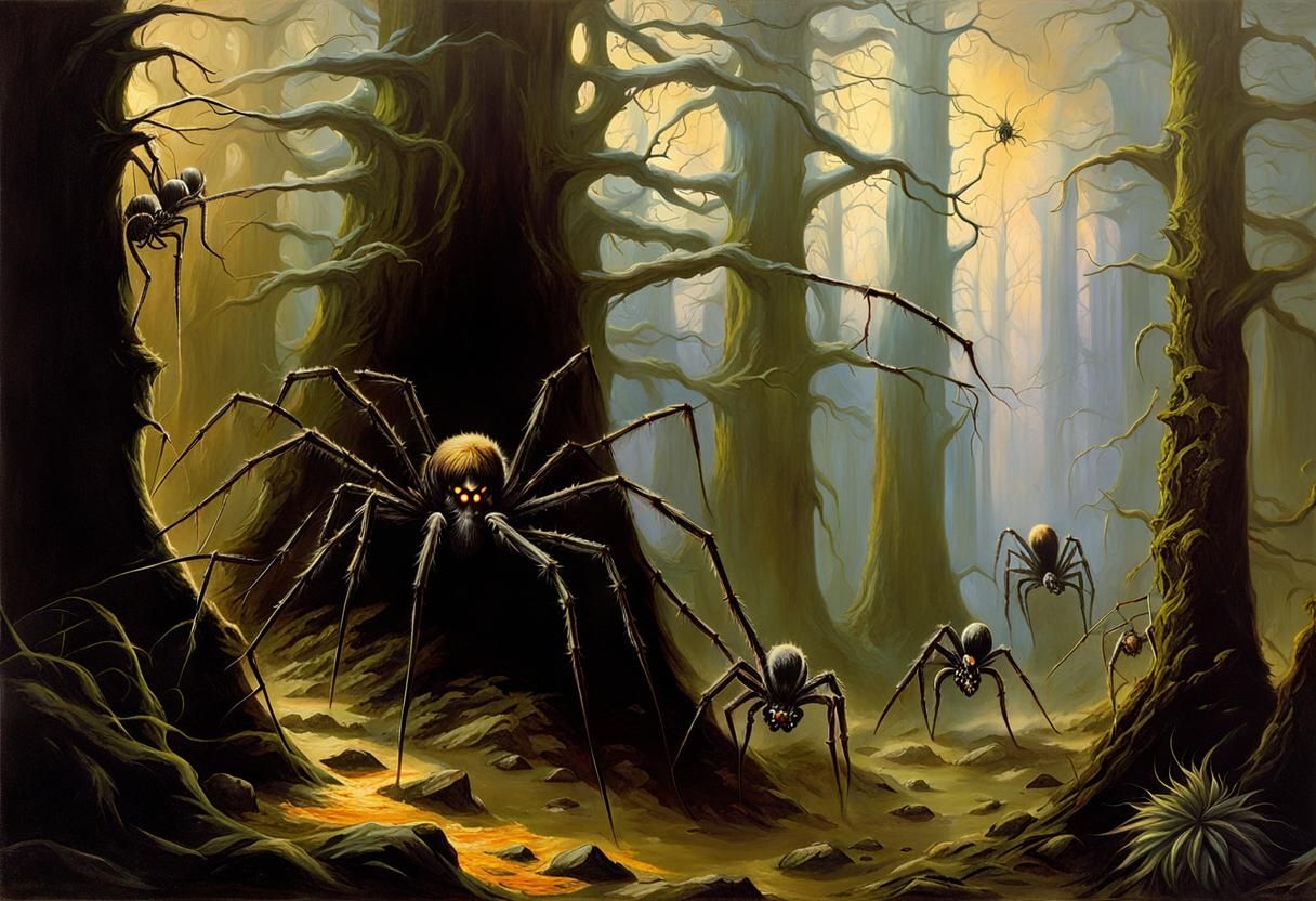 Eerie Spider Forest at Night in Dark Fantasy Style