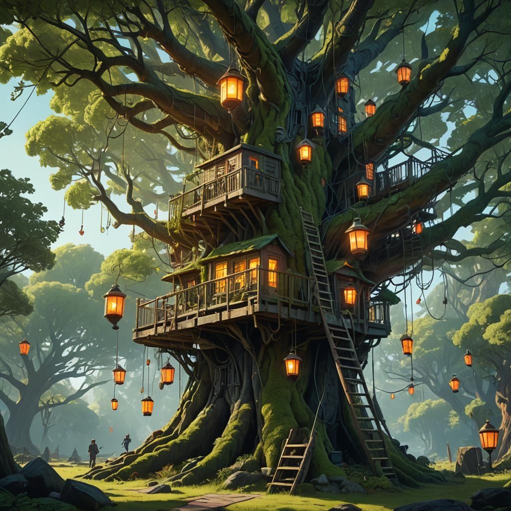Enchanted Treehouse Amidst Vibrant Fantasy Landscape