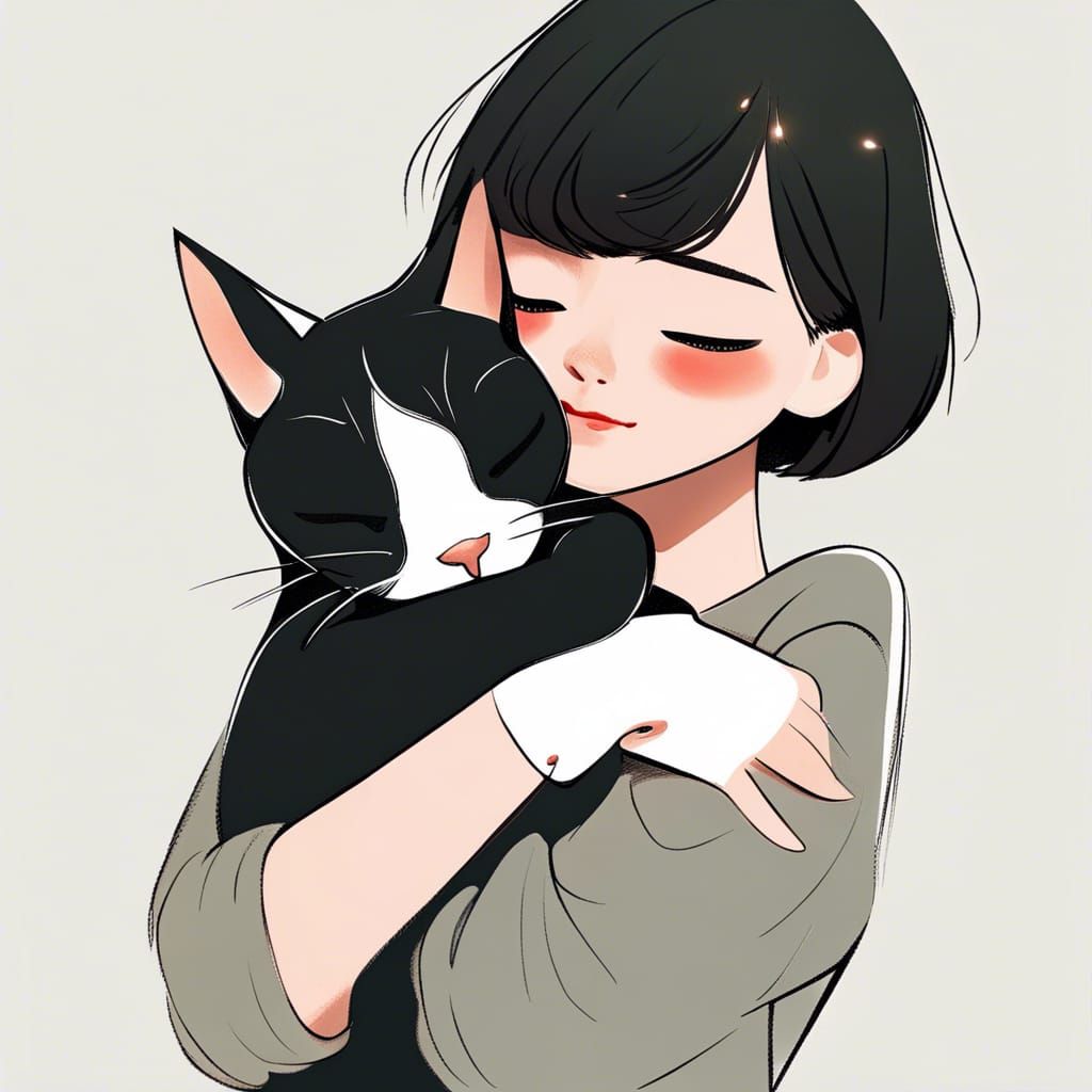 Girl and Cat Hug in Simple Sketch Illustration