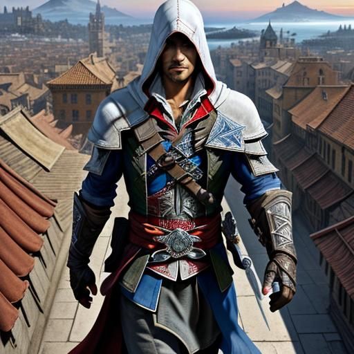 Renaissance Assassin Ezio Auditore on Rooftop with Cityscape