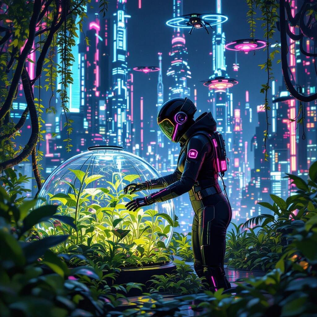 Cyberpunk Eco-Hacker Tends AI Plants in Future City
