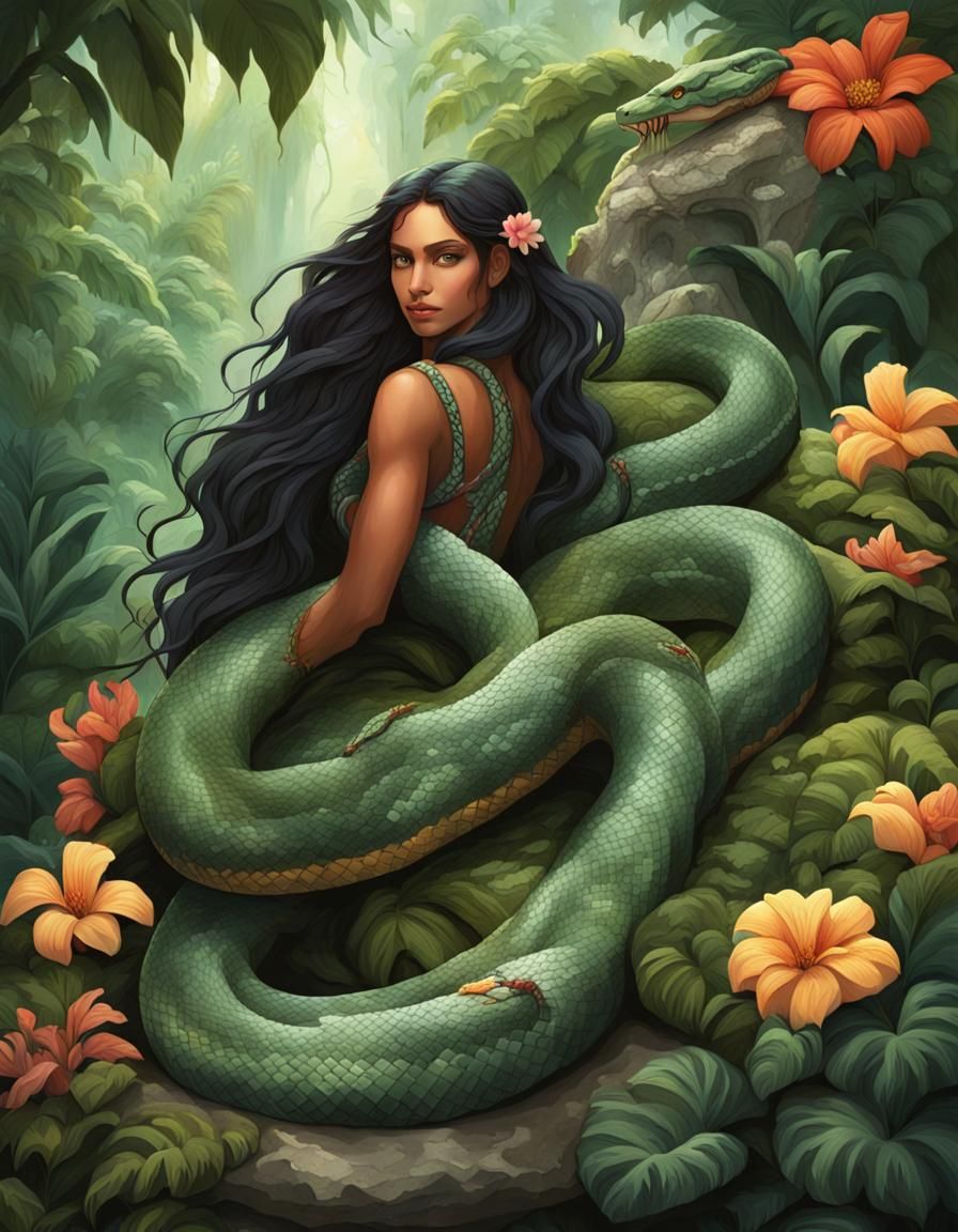 Snake Goddess in Lush Jungle Emerge from Stone