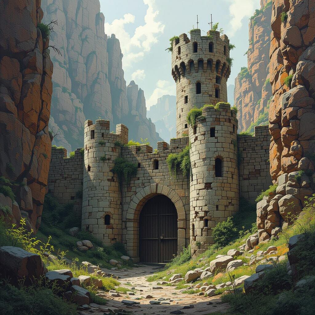 Medieval Fortification in Narrow Canyon, Matte Painted Style