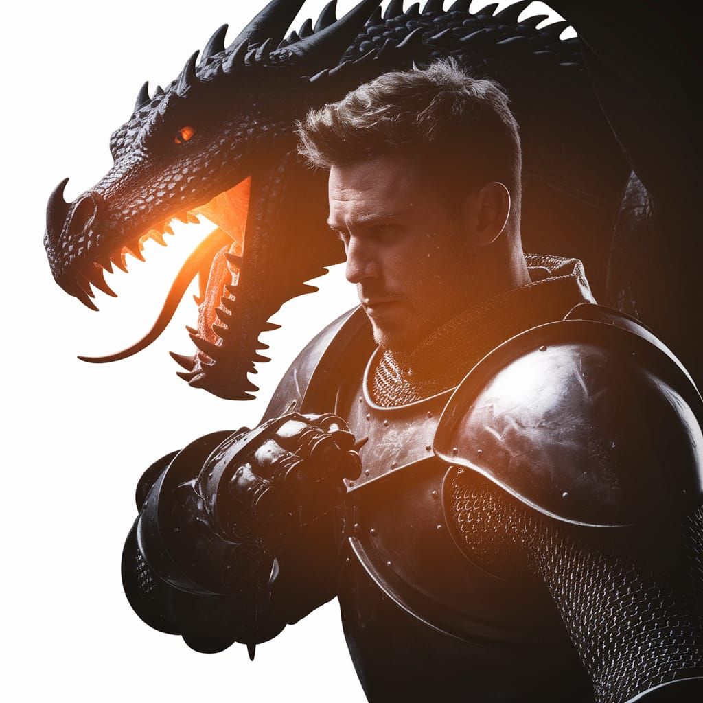 Fantasy Knight Battles Fiery Dragon in Double Exposure