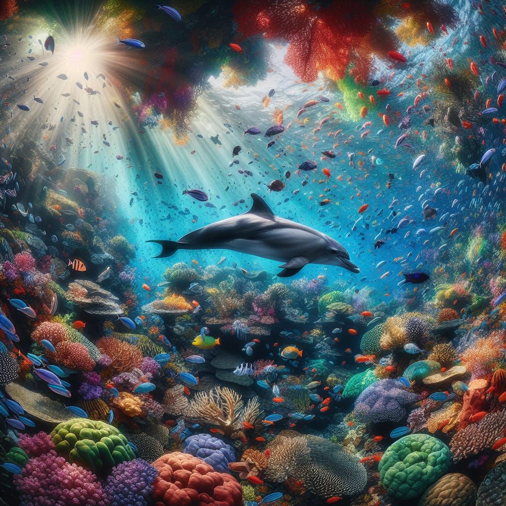 Surreal Dolphin in Crystal Clear Water Amidst Vibrant Coral....