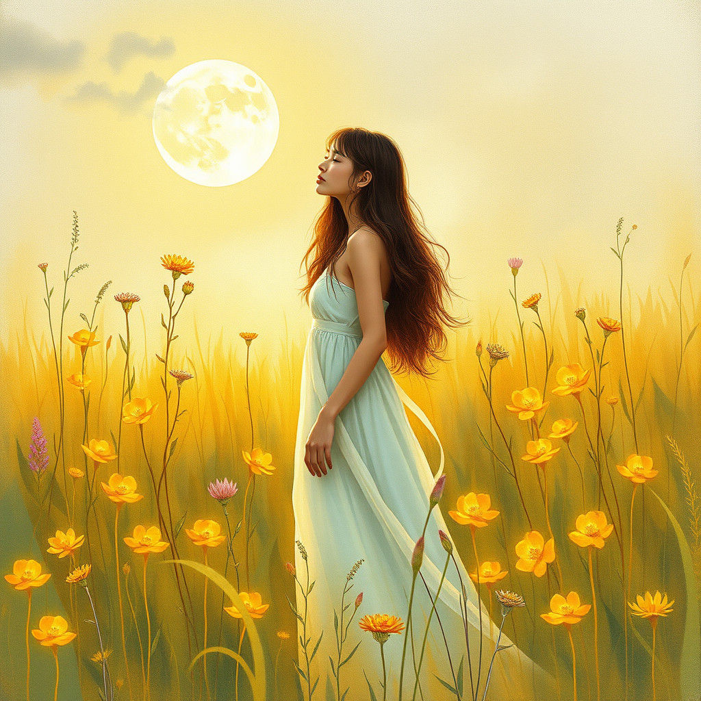 Ethereal Woman in Whimsical Meadow at Nighttime