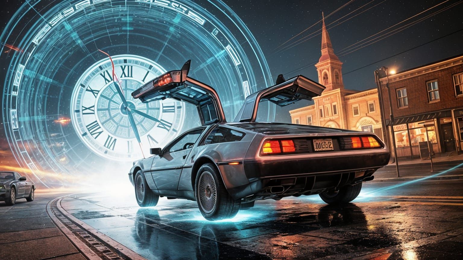 DeLorean Time Vortex: Retro-Futuristic Electric Blue Flight