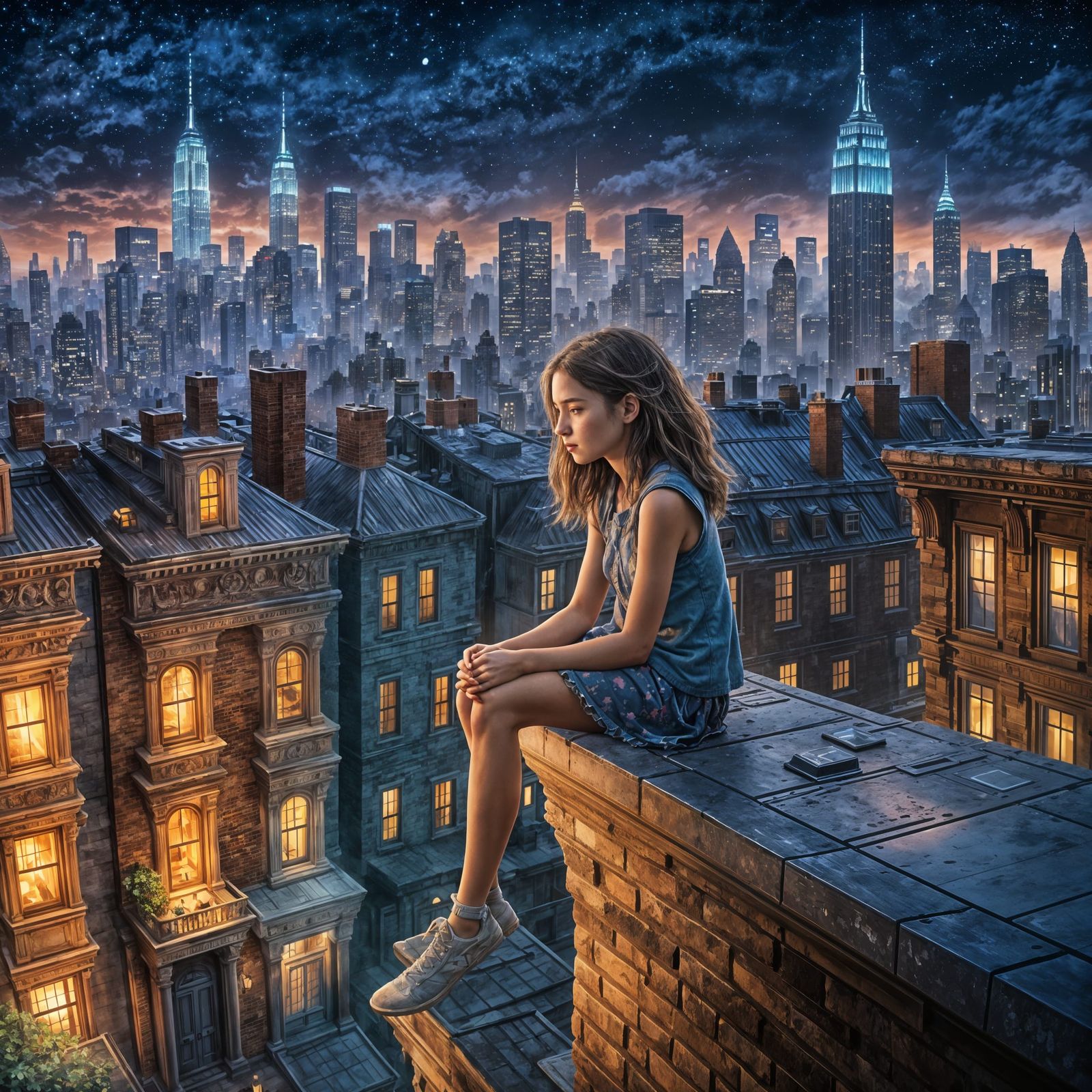Serene New York City Night Sky with Young Girl