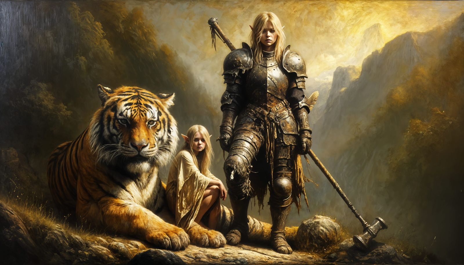 Ethereal Warrior and Her Majestic Tiger Companion in a Golde...