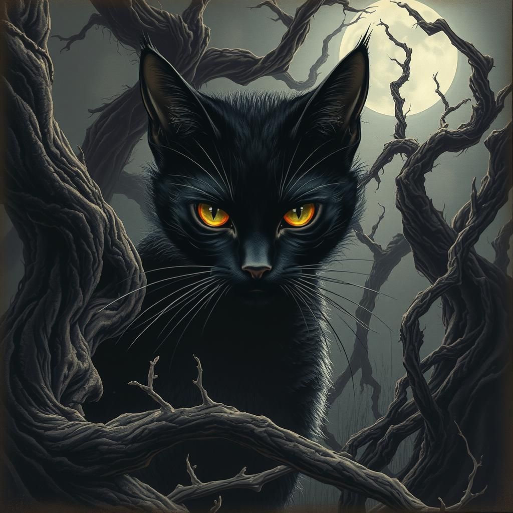 Grim Hyperdetailed Black Cat Lurks in Shadows