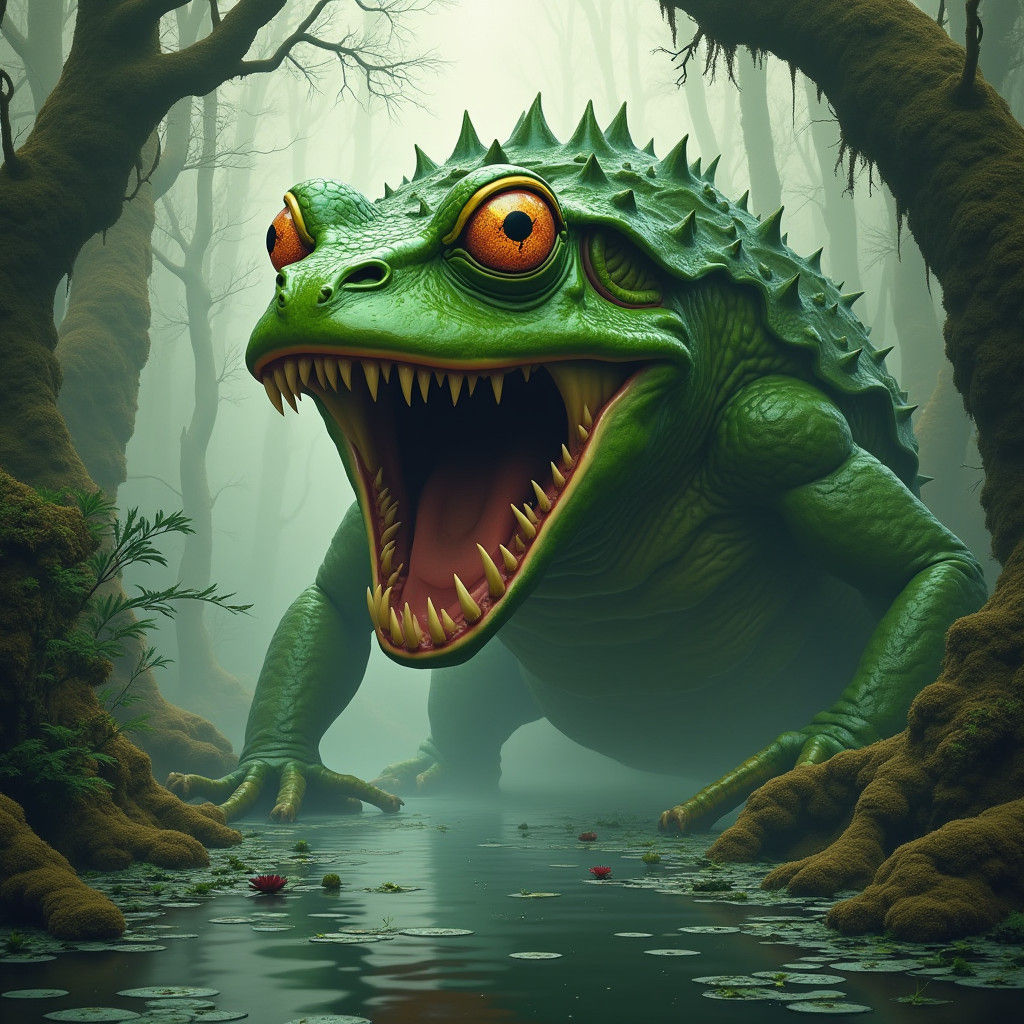 Gothic Green Frog Emerges from Mysterious Canal Waters